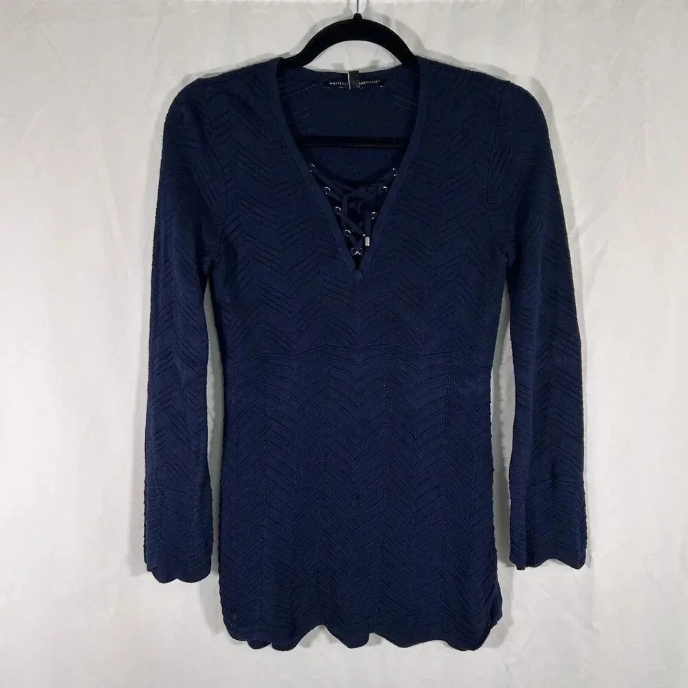 White House Black Market Tunic Top Women's XS Navy Blue Vneck Long Sleeve